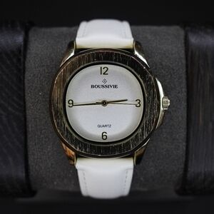 Boussvie Gold Tone Quartz Watch White Strap Minimalist Dress Style